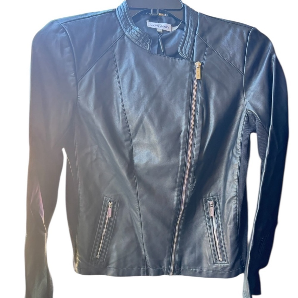 Calvin Klein women's black faux-leather moto MODERN Essential jacket